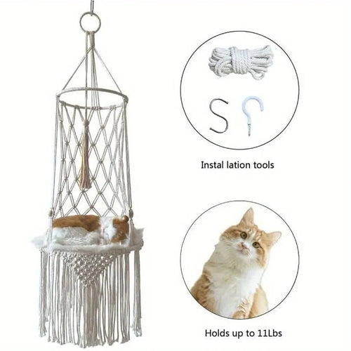 Handcrafted macramé woven cat hammock